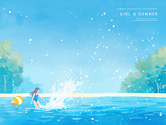 PSD 나무 여자 수영복 어린이 일러스트 자연 하늘 수영장 한명 소녀 파란색 여름풍경 자유 시원함 비치볼 튀는물 감성 소녀한명만 국내일러스트 식물 1 옷 컬러 컨셉 공 바캉스용품 사람 풍경 생태계 액체표현 스플래쉬 여자한명만 소녀만 파일형식 여름_계절