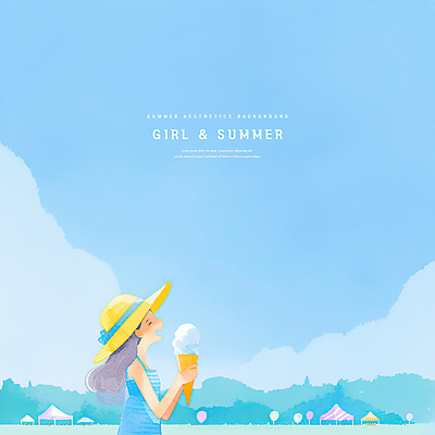 PSD 여자 어린이 하늘색 일러스트 자연 하늘 산 한명 웃음 들기 소녀 상반신 여름풍경 자유 올려보기 시원함 밀짚모자 천막 감성 콘아이스크림 가판대 소녀한명만 국내일러스트 모자_잡화 1 컨셉 모션 아이스크림 표정 사람 풍경 파란색 생태계 여자한명만 소녀만 파일형식 여름_계절
