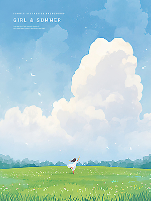 PSD 나무 구름 여자 어린이 일러스트 자연 하늘 바람 한명 소녀 잔디 초원 달리기 손들기 여름풍경 자유 시원함 감성 소녀한명만 청량 국내일러스트 자연요소 식물 1 컨셉 모션 날씨 사람 풍경 생태계 여자한명만 소녀만 파일형식 여름_계절