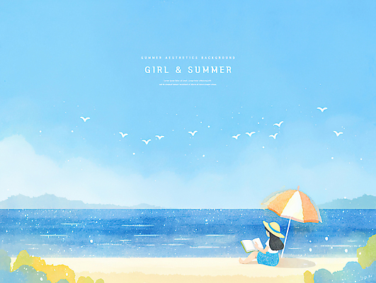 PSD 여자 어린이 일러스트 자연 갈매기 한명 들기 앉기 소녀 해변 책 파란색 모래사장 독서 여름풍경 자유 파라솔 시원함 상쾌 밀짚모자 감성 소녀한명만 수평선 국내일러스트 모자_잡화 1 감정 바다 컬러 컨셉 모션 조류 사람 풍경 생태계 여자한명만 소녀만 파일형식 여름_계절