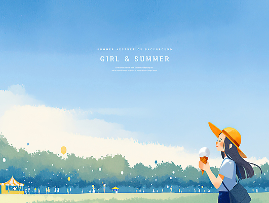 전신 PSD 구름 여자 남자 어린이 가방 일러스트 자연 하늘 들기 소녀 초원 여러명 상반신 성인 여름풍경 자유 군중 시원함 밀짚모자 천막 감성 콘아이스크림 가판대 국내일러스트 자연요소 모자_잡화 잡화 다수 컨셉 모션 아이스크림 사람 풍경 생태계 파일형식 여름_계절