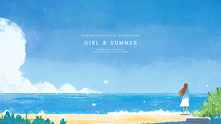 PSD 구름 여자 어린이 일러스트 자연 하늘 바람 한명 소녀 해변 파란색 여름풍경 자유 풀 시원함 감성 소녀한명만 수평선 청량 국내일러스트 자연요소 식물 1 바다 컬러 컨셉 날씨 사람 풍경 생태계 여자한명만 소녀만 파일형식 여름_계절