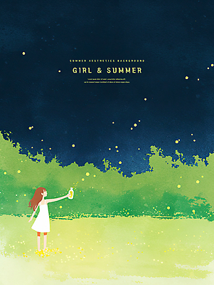 PSD 여자 어린이 일러스트 자연 밤하늘 유리병 한명 들기 소녀 잔디 초원 여름풍경 자유 시원함 감성 반딧불이 여름밤 소녀한명만 국내일러스트 식물 1 곤충 컨셉 모션 하늘 병_용기 사람 풍경 여름 야간 생태계 여자한명만 소녀만 파일형식 여름_계절