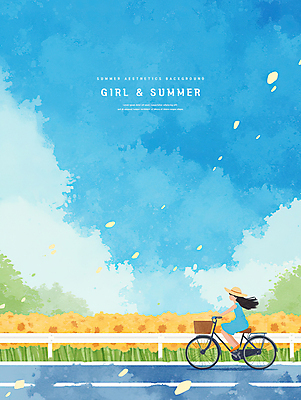 PSD 구름 여자 도로 어린이 일러스트 자연 하늘 바람 해바라기 한명 소녀 자전거 여름풍경 자유 승차 시원함 밀짚모자 감성 소녀한명만 국내일러스트 자연요소 모자_잡화 1 꽃 길 컨셉 교통시설 모션 날씨 사람 풍경 바이크 생태계 여자한명만 소녀만 파일형식 여름_계절