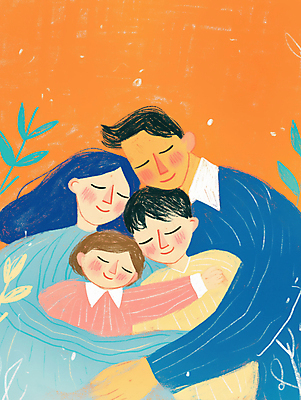 JPG 여자 남자 어린이 일러스트 가족 포옹 사랑 미소 소녀 소년 여러명 상반신 성인 눈감음 주황색 풀 국내일러스트 AI일러스트 AI콘텐츠 식물 감정 컬러 다수 관계 안기 모션 표정 사람 파일형식