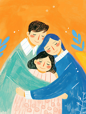 JPG 여자 남자 어린이 일러스트 가족 포옹 사랑 미소 소녀 상반신 성인 세명 눈감음 주황색 풀 국내일러스트 AI일러스트 AI콘텐츠 식물 감정 컬러 관계 안기 모션 표정 사람 파일형식