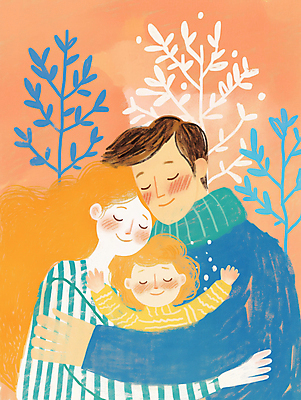 JPG 여자 남자 어린이 일러스트 가족 포옹 사랑 미소 소녀 상반신 성인 세명 눈감음 주황색 풀 국내일러스트 AI일러스트 AI콘텐츠 식물 감정 컬러 관계 안기 모션 표정 사람 파일형식