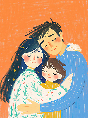 JPG 여자 남자 어린이 일러스트 가족 포옹 사랑 미소 소녀 상반신 성인 세명 눈감음 주황색 국내일러스트 AI일러스트 AI콘텐츠 감정 컬러 관계 안기 모션 표정 사람 파일형식