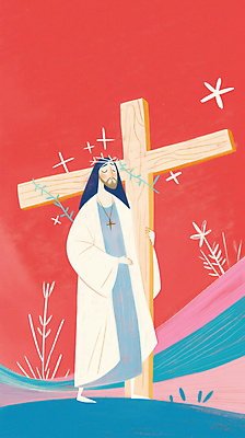 JPG 전신 남자 기독교 일러스트 수염 한명 성인 눈감음 잡기 풀 예수 나무십자가 가시면류관 다홍색 십자가목걸이 성인남자한명만 국내일러스트 AI일러스트 AI콘텐츠 식물 1 종교 컬러 십자가 목걸이 종교용품 모션 사람 신_종교 남자한명만 성인남자만 파일형식