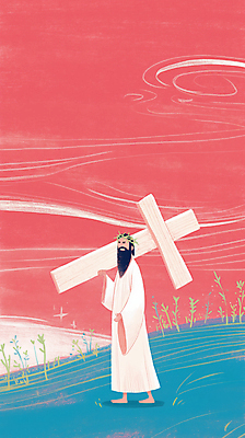 JPG 전신 남자 기독교 일러스트 바람 수염 한명 들기 성인 걷기 눈감음 풀 예수 나무십자가 가시면류관 다홍색 성인남자한명만 국내일러스트 AI일러스트 AI콘텐츠 자연요소 식물 1 종교 컬러 십자가 종교용품 모션 날씨 사람 신_종교 남자한명만 성인남자만 파일형식