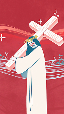 JPG 전신 남자 기독교 일러스트 수염 한명 들기 성인 눈감음 예수 나무십자가 가시면류관 다홍색 성인남자한명만 국내일러스트 AI일러스트 AI콘텐츠 1 종교 컬러 십자가 종교용품 모션 사람 신_종교 남자한명만 성인남자만 파일형식