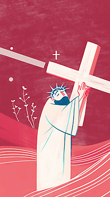 JPG 남자 기독교 일러스트 수염 한명 들기 상반신 성인 눈감음 예수 나무십자가 가시면류관 다홍색 성인남자한명만 국내일러스트 AI일러스트 AI콘텐츠 1 종교 컬러 십자가 종교용품 모션 사람 신_종교 남자한명만 성인남자만 파일형식