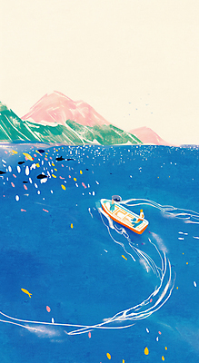 JPG 전신 물결 바다 하늘색 일러스트 동화 항해 사람 앉기 두명 나룻배 산봉우리 국내일러스트 AI일러스트 AI콘텐츠 배_교통 모션 산 파란색 봉우리 파일형식