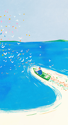 JPG 전신 남자 물결 바다 하늘색 일러스트 하늘 동화 산 항해 한명 앉기 성인 나룻배 새떼 성인남자한명만 국내일러스트 AI일러스트 AI콘텐츠 1 배_교통 모션 조류 사람 파란색 남자한명만 성인남자만 파일형식