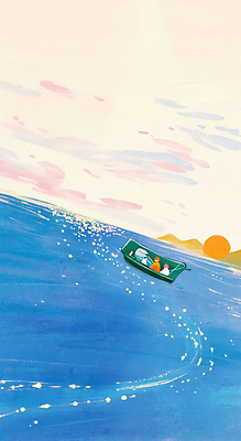 JPG 전신 구름 물결 바다 하늘색 일러스트 하늘 동화 산 항해 사람 앉기 세명 태양 노을 나룻배 수평선 국내일러스트 AI일러스트 AI콘텐츠 자연요소 배_교통 모션 파란색 파일형식