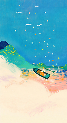 JPG 전신 구름 물결 바다 하늘색 일러스트 하늘 동화 산 항해 한명 사람 앉기 나룻배 새떼 국내일러스트 AI일러스트 AI콘텐츠 자연요소 1 배_교통 모션 조류 파란색 파일형식