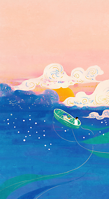 JPG 전신 구름 물결 바다 분홍색 일러스트 하늘 동화 항해 한명 사람 앉기 파란색 태양 노을 나룻배 국내일러스트 AI일러스트 AI콘텐츠 자연요소 1 컬러 배_교통 모션 파일형식