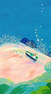 JPG 전신 물결 바다 분홍색 일러스트 동화 항해 한명 사람 앉기 파란색 나룻배 국내일러스트 AI일러스트 AI콘텐츠 1 컬러 배_교통 모션 파일형식