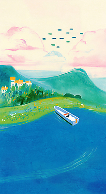 JPG 구름 물결 바다 일러스트 하늘 동화 산 주택 항해 초원 사람없음 마을 나룻배 국내일러스트 AI일러스트 AI콘텐츠 자연요소 배_교통 건물 파일형식