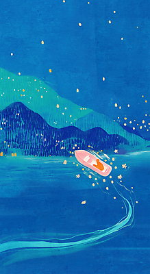 JPG 전신 물결 바다 일러스트 밤하늘 동화 산 항해 한명 사람 앉기 파란색 나룻배 밤바다 국내일러스트 AI일러스트 AI콘텐츠 1 컬러 배_교통 모션 하늘 야간 파일형식