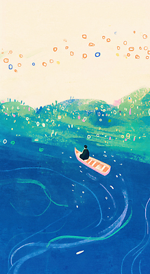 JPG 전신 남자 물결 바다 일러스트 동화 항해 한명 앉기 초원 성인 파란색 나룻배 성인남자한명만 국내일러스트 AI일러스트 AI콘텐츠 1 컬러 배_교통 모션 사람 남자한명만 성인남자만 파일형식