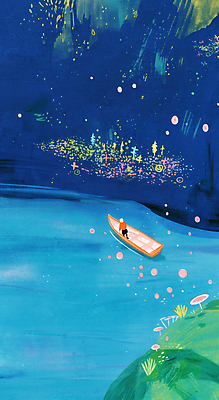 JPG 전신 꽃 물결 바다 일러스트 밤하늘 동화 항해 한명 사람 앉기 파란색 나룻배 오로라 밤바다 국내일러스트 AI일러스트 AI콘텐츠 식물 1 컬러 배_교통 모션 자연현상 하늘 야간 파일형식