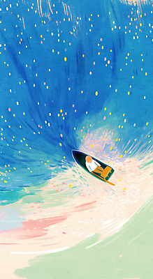 JPG 전신 물결 바다 일러스트 동화 항해 한명 사람 앉기 나룻배 국내일러스트 AI일러스트 AI콘텐츠 1 배_교통 모션 파일형식