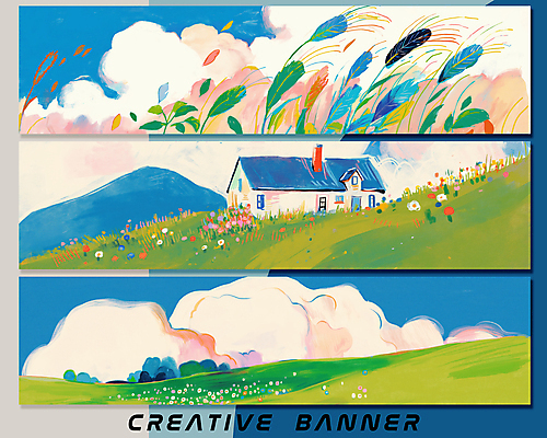 PSD 구름 가로배너 꽃밭 일러스트 하늘 산 주택 초원 사람없음 풀 그림 갈대밭 바람불기 배너세트 국내일러스트 자연요소 식물 배너 꽃 건물 가로 세트 불기 파일형식 갈대_식물