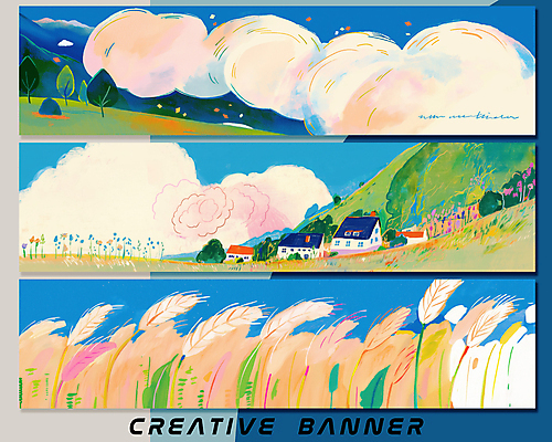 PSD 나무 구름 가로배너 일러스트 하늘 산 주택 초원 사람없음 마을 풀 그림 갈대밭 바람불기 배너세트 국내일러스트 자연요소 식물 배너 건물 가로 세트 불기 파일형식 갈대_식물