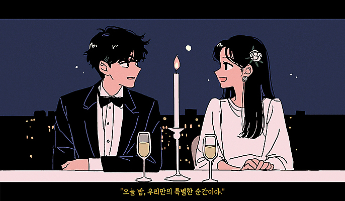 부부 원피스 여자 남자 데이트 일러스트 촛불 탁자 밤하늘 나비넥타이 사랑 턱시도 상반신 성인 두명 마주보기 레스토랑 로맨틱 샴페인 샴페인잔 촛대 부부의날 성인만 국내일러스트 AI파일 커플 옷 기념일 감정 가구 컨셉 술잔 초 모션 하늘 넥타이 주류 사람 정장 식당 야간 파일형식 벡터