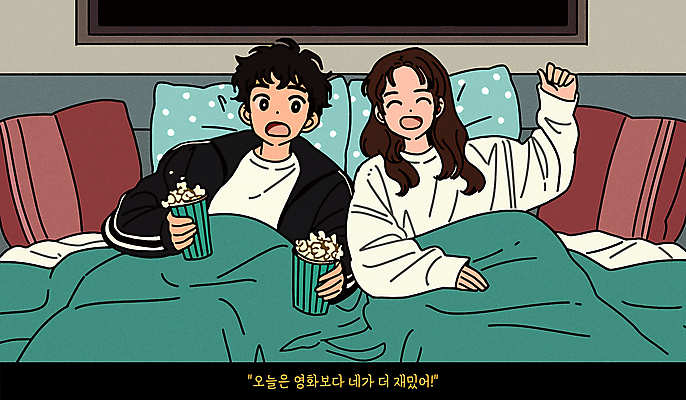 부부 여자 남자 쿠션 일러스트 사랑 웃음 들기 상반신 성인 두명 눕기 손들기 놀람 이불 로맨틱 침대 팝콘 부부의날 영화감상 성인만 홈시네마 국내일러스트 AI파일 커플 기념일 감정 가구 컨셉 침구 모션 표정 사람 감상 영화 파일형식 벡터