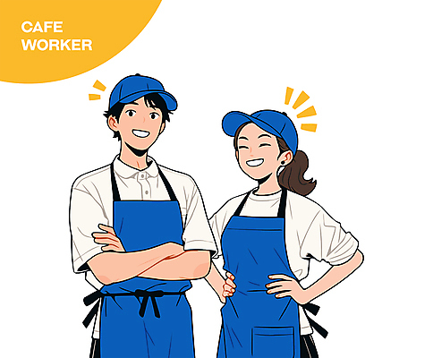 여자 남자 허리손 일러스트 직업캐릭터 미소 상반신 성인 두명 파란색 팔짱 앞치마 카페 종업원 바리스타 성인만 일러캐릭터 AI파일 직업 캐릭터 컬러 포즈 모션 표정 사람 상점 파일형식 벡터