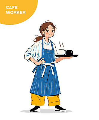 전신 여자 허리손 일러스트 쟁반 직업캐릭터 한명 미소 들기 성인 파란색 앞치마 카페 수증기 커피잔 종업원 바리스타 성인여자한명만 일러캐릭터 AI파일 직업 캐릭터 1 커피 컬러 포즈 모션 잔 표정 사람 상점 여자한명만 성인여자만 파일형식 벡터