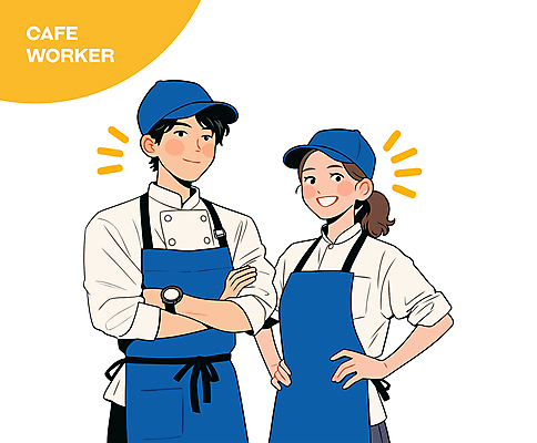 여자 남자 허리손 일러스트 직업캐릭터 미소 상반신 성인 두명 파란색 팔짱 앞치마 카페 종업원 바리스타 캡모자 성인만 일러캐릭터 AI파일 직업 캐릭터 모자_잡화 컬러 포즈 모션 표정 사람 상점 파일형식 벡터