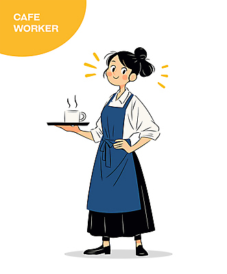 전신 여자 허리손 일러스트 쟁반 직업캐릭터 한명 미소 들기 성인 파란색 앞치마 카페 수증기 커피잔 종업원 바리스타 성인여자한명만 일러캐릭터 AI파일 직업 캐릭터 1 커피 컬러 포즈 모션 잔 표정 사람 상점 여자한명만 성인여자만 파일형식 벡터