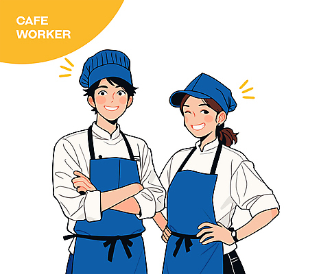 여자 남자 허리손 일러스트 직업캐릭터 요리사모자 윙크 미소 상반신 성인 두명 파란색 팔짱 앞치마 카페 종업원 바리스타 캡모자 성인만 일러캐릭터 AI파일 직업 캐릭터 모자_잡화 컬러 포즈 모션 표정 사람 상점 요리사 파일형식 벡터