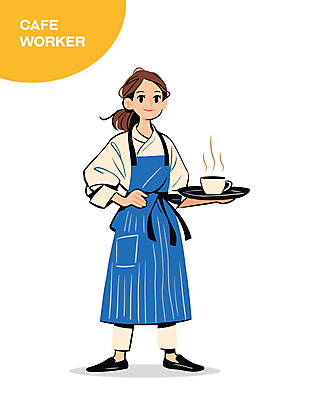 전신 여자 허리손 일러스트 쟁반 직업캐릭터 한명 미소 들기 성인 파란색 앞치마 카페 수증기 커피잔 종업원 바리스타 성인여자한명만 일러캐릭터 AI파일 직업 캐릭터 1 커피 컬러 포즈 모션 잔 표정 사람 상점 여자한명만 성인여자만 파일형식 벡터