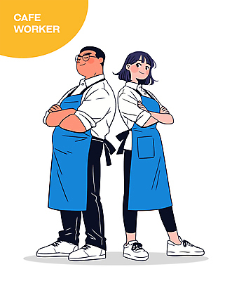 전신 여자 남자 일러스트 직업캐릭터 미소 성인 두명 파란색 팔짱 눈감음 앞치마 카페 종업원 바리스타 성인만 안경낌 일러캐릭터 AI파일 직업 캐릭터 안경 컬러 모션 표정 사람 상점 파일형식 벡터