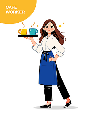 전신 여자 허리손 일러스트 쟁반 직업캐릭터 한명 미소 들기 성인 파란색 반짝임 앞치마 카페 수증기 커피잔 종업원 바리스타 성인여자한명만 일러캐릭터 AI파일 직업 캐릭터 1 커피 컬러 포즈 모션 잔 표정 사람 상점 여자한명만 성인여자만 파일형식 벡터