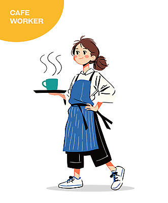 전신 여자 허리손 일러스트 쟁반 직업캐릭터 한명 미소 들기 성인 파란색 앞치마 카페 수증기 커피잔 종업원 바리스타 성인여자한명만 일러캐릭터 AI파일 직업 캐릭터 1 커피 컬러 포즈 모션 잔 표정 사람 상점 여자한명만 성인여자만 파일형식 벡터