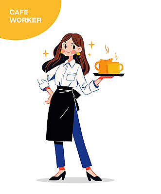 전신 여자 허리손 일러스트 쟁반 직업캐릭터 한명 미소 들기 성인 반짝임 앞치마 카페 수증기 커피잔 종업원 바리스타 성인여자한명만 일러캐릭터 AI파일 직업 캐릭터 1 커피 포즈 모션 잔 표정 사람 상점 여자한명만 성인여자만 파일형식 벡터