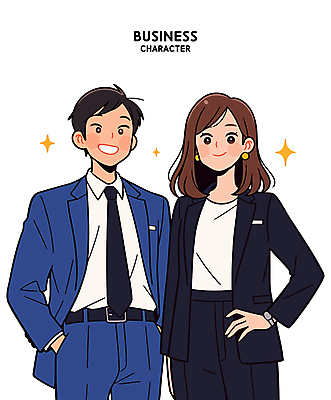 여자 남자 허리손 일러스트 미소 웃음 정장 상반신 성인 두명 반짝임 비즈니스맨 비즈니스우먼 비즈니스캐릭터 주머니손 성인만 일러캐릭터 AI파일 캐릭터 옷 포즈 비즈니스 모션 표정 사람 직장인 파일형식 벡터