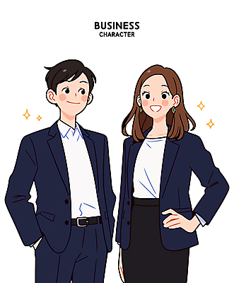 여자 남자 허리손 일러스트 미소 웃음 정장 상반신 성인 두명 반짝임 비즈니스맨 비즈니스우먼 비즈니스캐릭터 주머니손 성인만 일러캐릭터 AI파일 캐릭터 옷 포즈 비즈니스 모션 표정 사람 직장인 파일형식 벡터