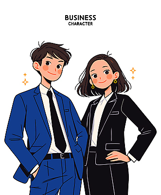 여자 남자 허리손 일러스트 미소 정장 상반신 성인 두명 반짝임 비즈니스맨 비즈니스우먼 비즈니스캐릭터 주머니손 성인만 일러캐릭터 AI파일 캐릭터 옷 포즈 비즈니스 모션 표정 사람 직장인 파일형식 벡터