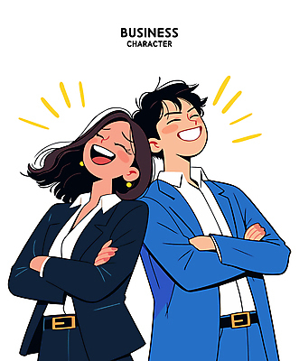 여자 남자 일러스트 웃음 정장 상반신 성인 두명 반짝임 팔짱 비즈니스맨 비즈니스우먼 비즈니스캐릭터 성인만 일러캐릭터 AI파일 캐릭터 옷 비즈니스 모션 표정 사람 직장인 파일형식 벡터
