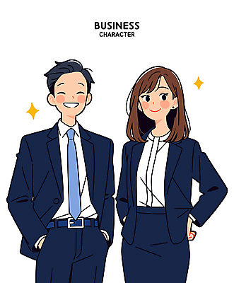 여자 남자 허리손 일러스트 미소 웃음 정장 상반신 성인 두명 반짝임 비즈니스맨 비즈니스우먼 비즈니스캐릭터 주머니손 성인만 일러캐릭터 AI파일 캐릭터 옷 포즈 비즈니스 모션 표정 사람 직장인 파일형식 벡터