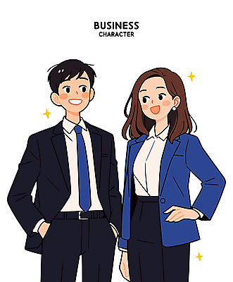 여자 남자 허리손 일러스트 웃음 정장 상반신 성인 두명 반짝임 비즈니스맨 비즈니스우먼 비즈니스캐릭터 주머니손 성인만 일러캐릭터 AI파일 캐릭터 옷 포즈 비즈니스 모션 표정 사람 직장인 파일형식 벡터
