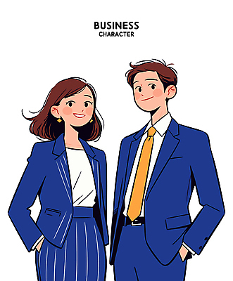 여자 남자 일러스트 미소 정장 상반신 성인 두명 반짝임 비즈니스맨 비즈니스우먼 비즈니스캐릭터 주머니손 성인만 일러캐릭터 AI파일 캐릭터 옷 비즈니스 모션 표정 사람 직장인 파일형식 벡터