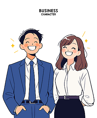 여자 남자 일러스트 웃음 정장 상반신 성인 두명 반짝임 비즈니스맨 비즈니스우먼 비즈니스캐릭터 뒷짐 주머니손 성인만 일러캐릭터 AI파일 캐릭터 옷 비즈니스 모션 표정 사람 직장인 파일형식 벡터