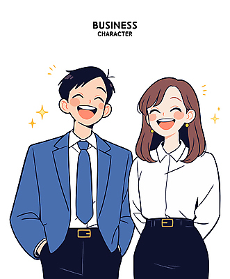 여자 남자 일러스트 웃음 정장 상반신 성인 두명 반짝임 비즈니스맨 비즈니스우먼 비즈니스캐릭터 뒷짐 주머니손 성인만 일러캐릭터 AI파일 캐릭터 옷 비즈니스 모션 표정 사람 직장인 파일형식 벡터